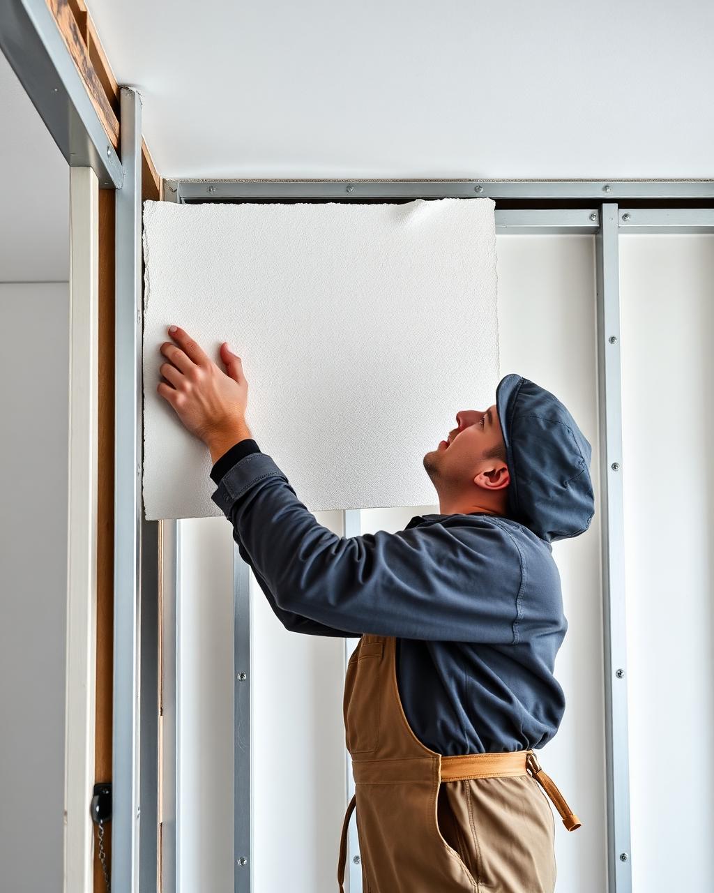 Handwerker montiert Gipskartonplatte